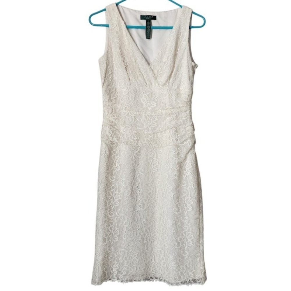 LAUREN RALPH LAUREN White Lace Cocktail Dress Ruched Waist Preppy Old money 2